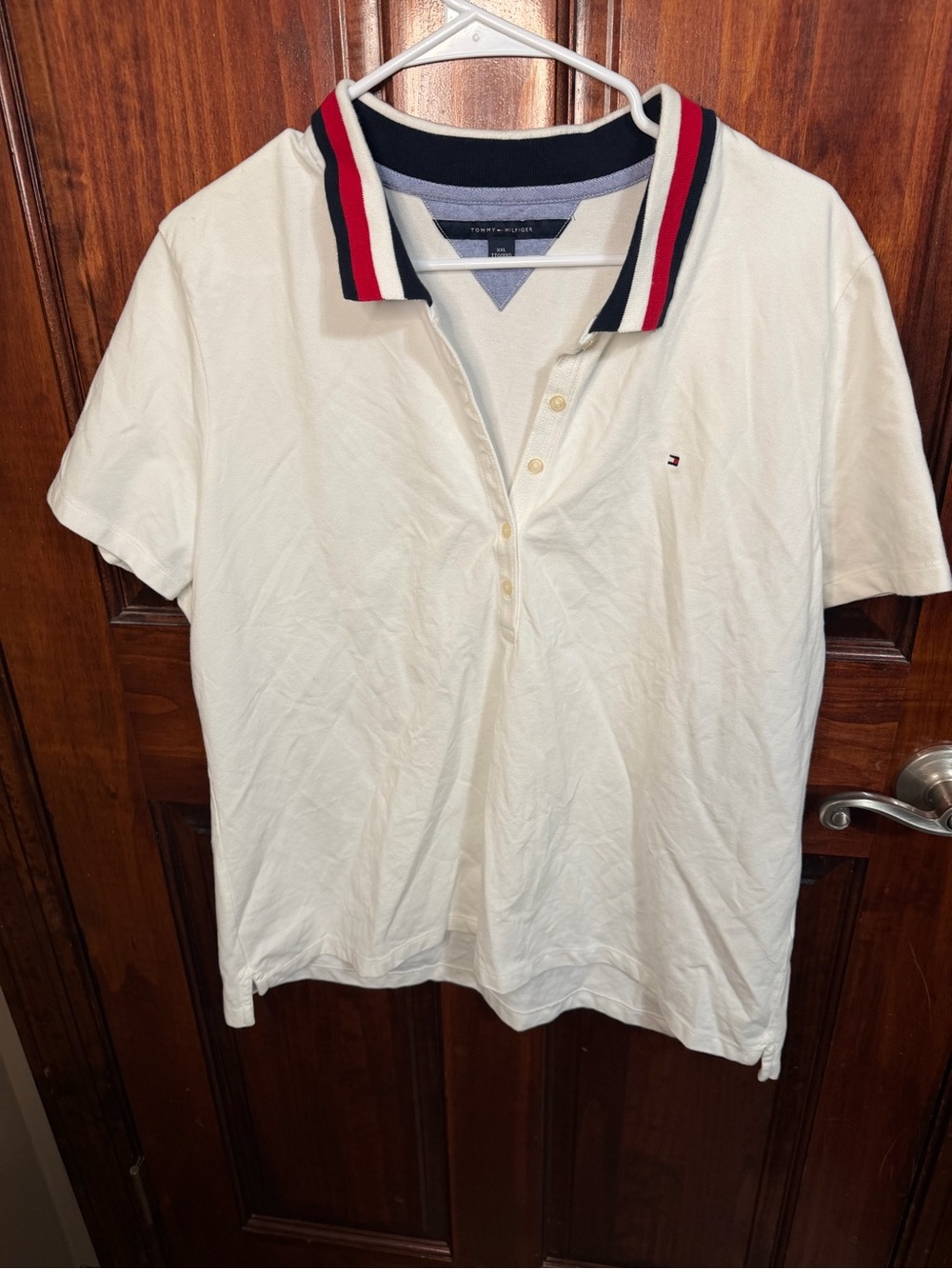Tommy Hilfiger White Polo with Red & Navy Stripe Collar